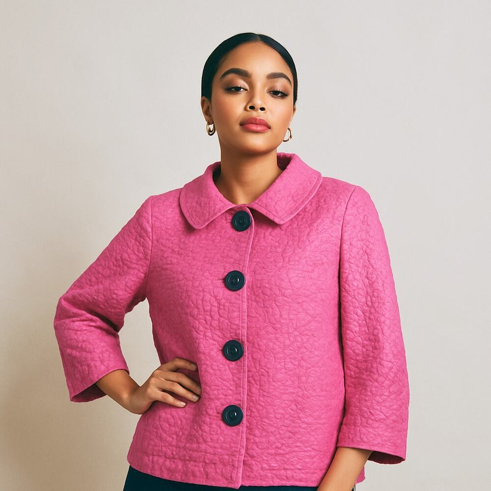 Y2k Abbie Mags Retro Swing Pea Coat Crinkle Big Button Coquette Barbie MED
